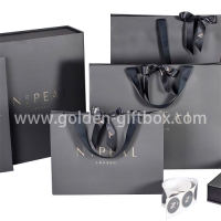 Elegant silver paper bag with ribbon handle and ribbon bow
