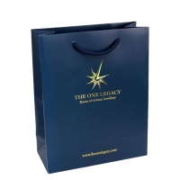 Blue colour shopping gift bag with laser gold hot stamping logo and cotton cord handles
