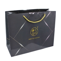Black ground glossy gold hot stamping wordings shopping bag with PP string handles
