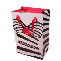 Paper shopping bag with black pattern and pink ribbon handles