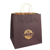 Custom kraft paper printing bag with shiny gold hot stamping logo and twisted paper handles