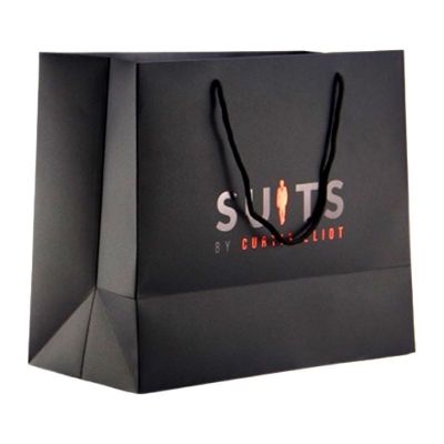 Black fancy paper gift bag custom design shopping bag with hot stamping logo and PP cord handles