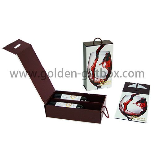Customized high-end luxury foldable two-bottle wine gift packaing box and PP string handle