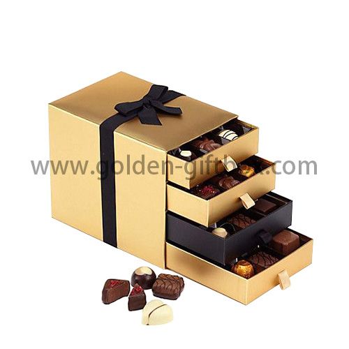 Foil gold paper drawer box with 4 drawers and ribbon bow for decration