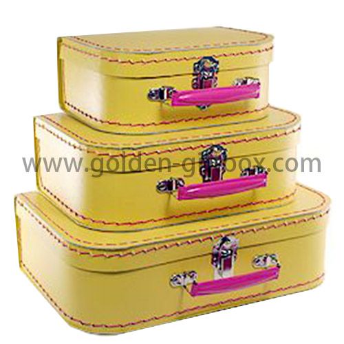 Stitching suitcase set of 3 in yellow colour with pink metal handle & lock