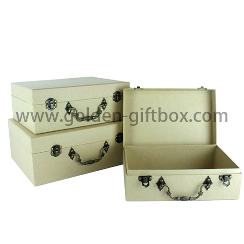 Elegant paper suitcase with metal decorative parts and handle